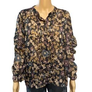 Neo Noir Fatima Dark Floral Chiffon Sheer Pintuck Blouse size L
